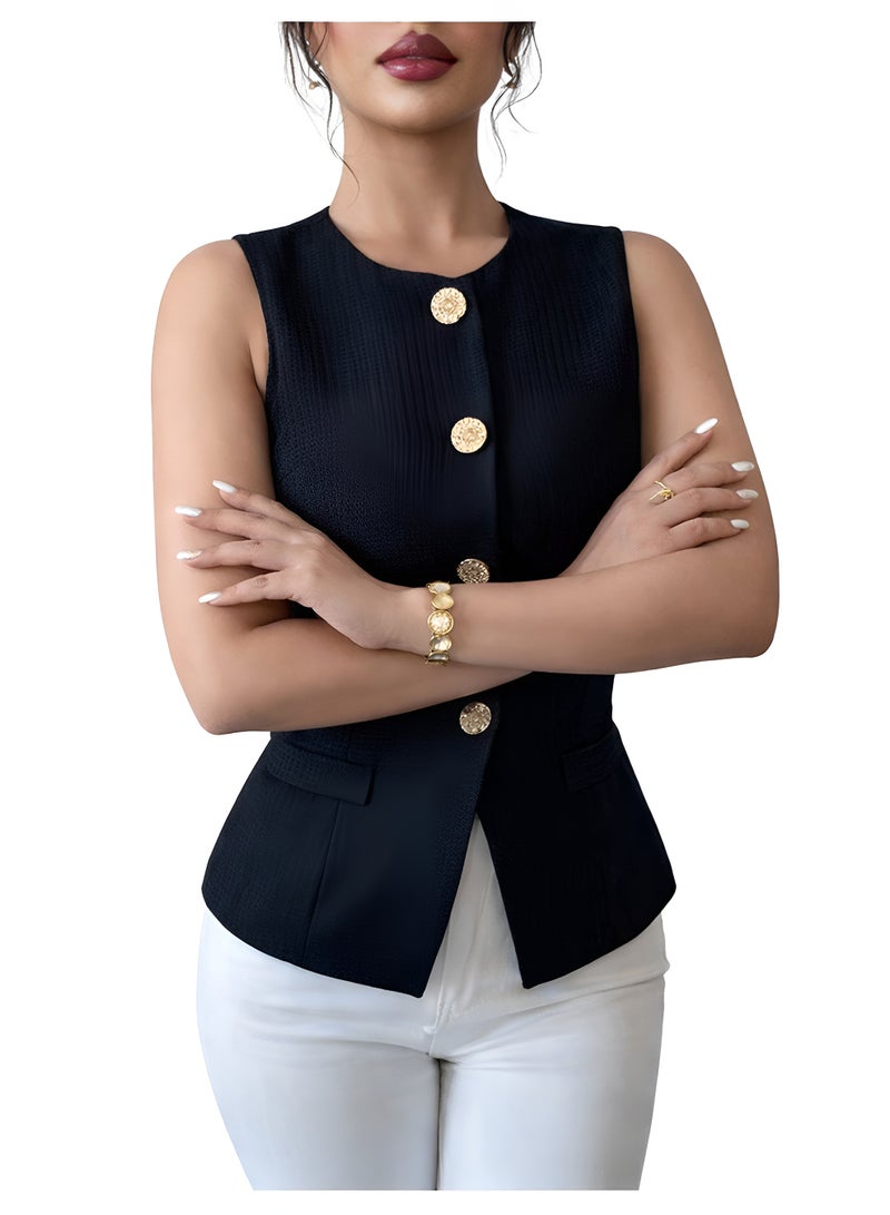 Selina Wear Women’s Black Sleeveless Blazer Vest Top with Gold Button Front, (Size-M). Crew Neck Office Suit, Elegant Fitted Button-Up Design, Dressy Wear Vest for Casual, Party and Formal Looks. - Image 3